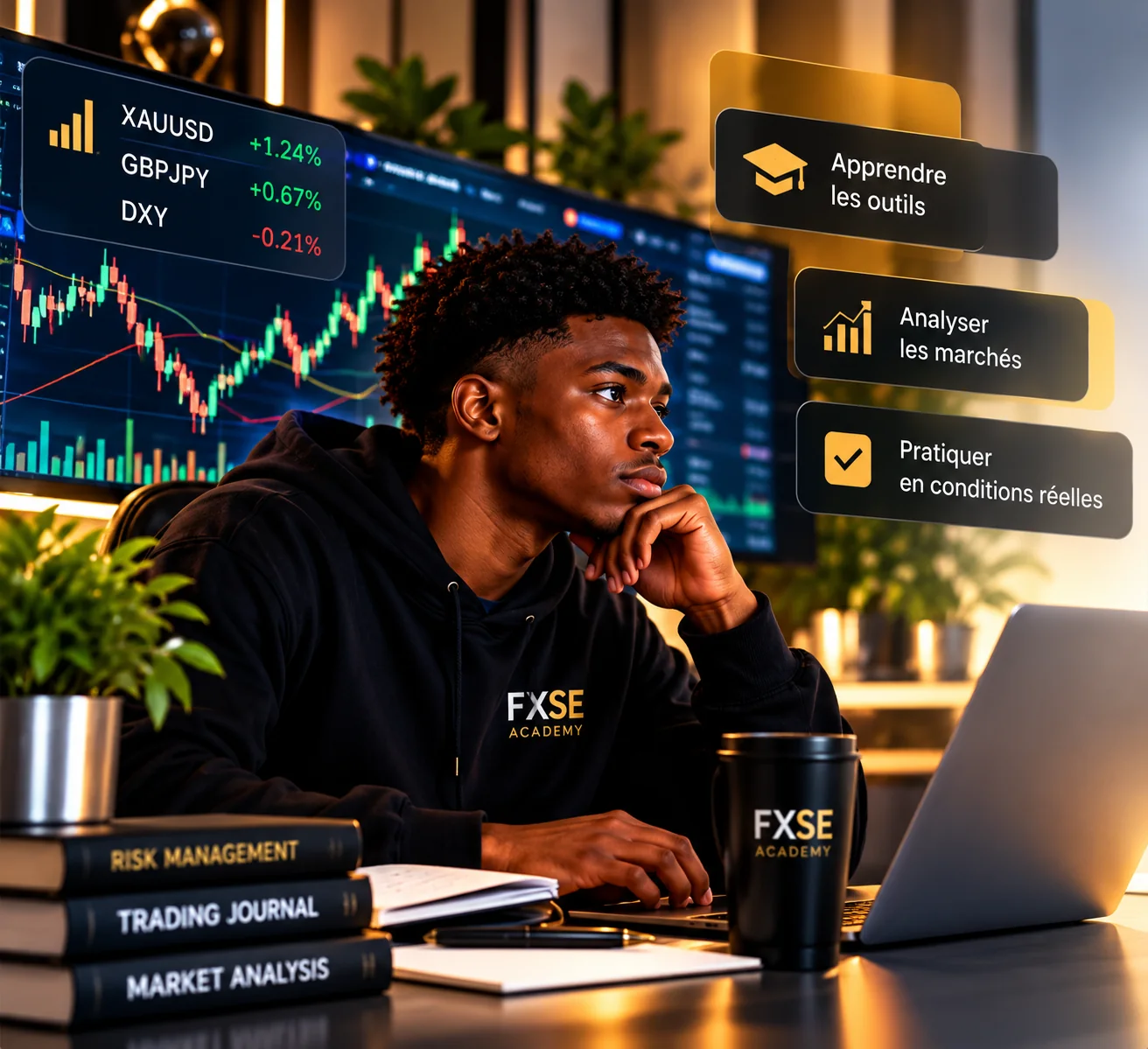 Jeune trader FXSE Academy étudiant les marchés financiers